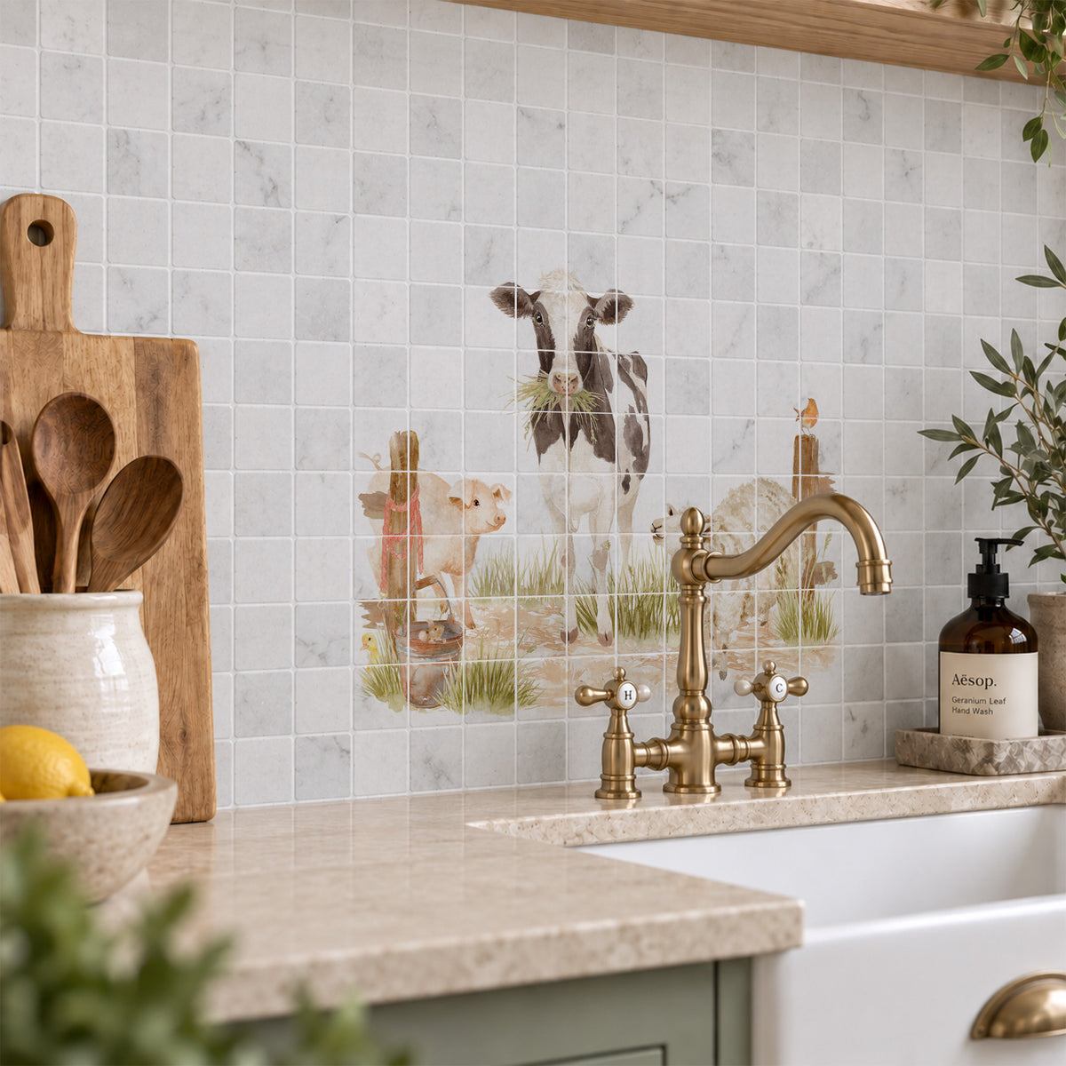 Statement marble mural depicting an idyllic Great British countryside scene. Farmyard scene, with a sheep, horse, donkey, cow, chicken, pig