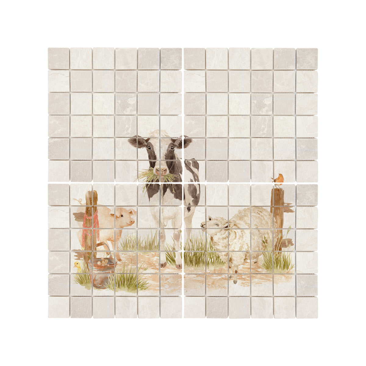 Statement marble mural depicting an idyllic Great British countryside scene. Farmyard scene, with a sheep, horse, donkey, cow, chicken, pig