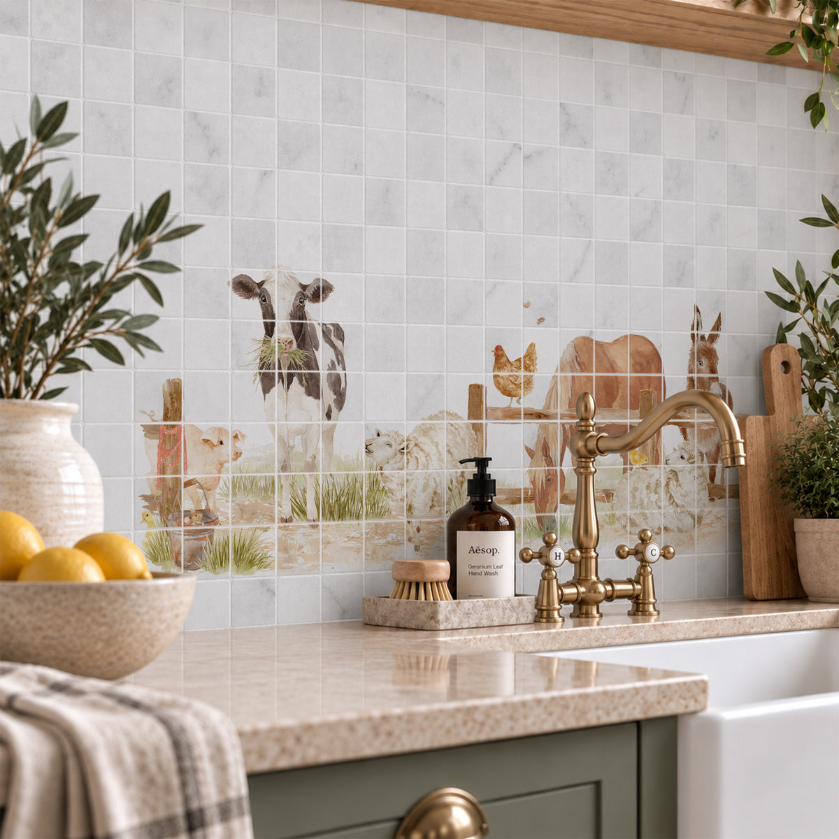 Statement marble mural depicting an idyllic Great British countryside scene. Farmyard scene, with a sheep, horse, donkey, cow, chicken, pig