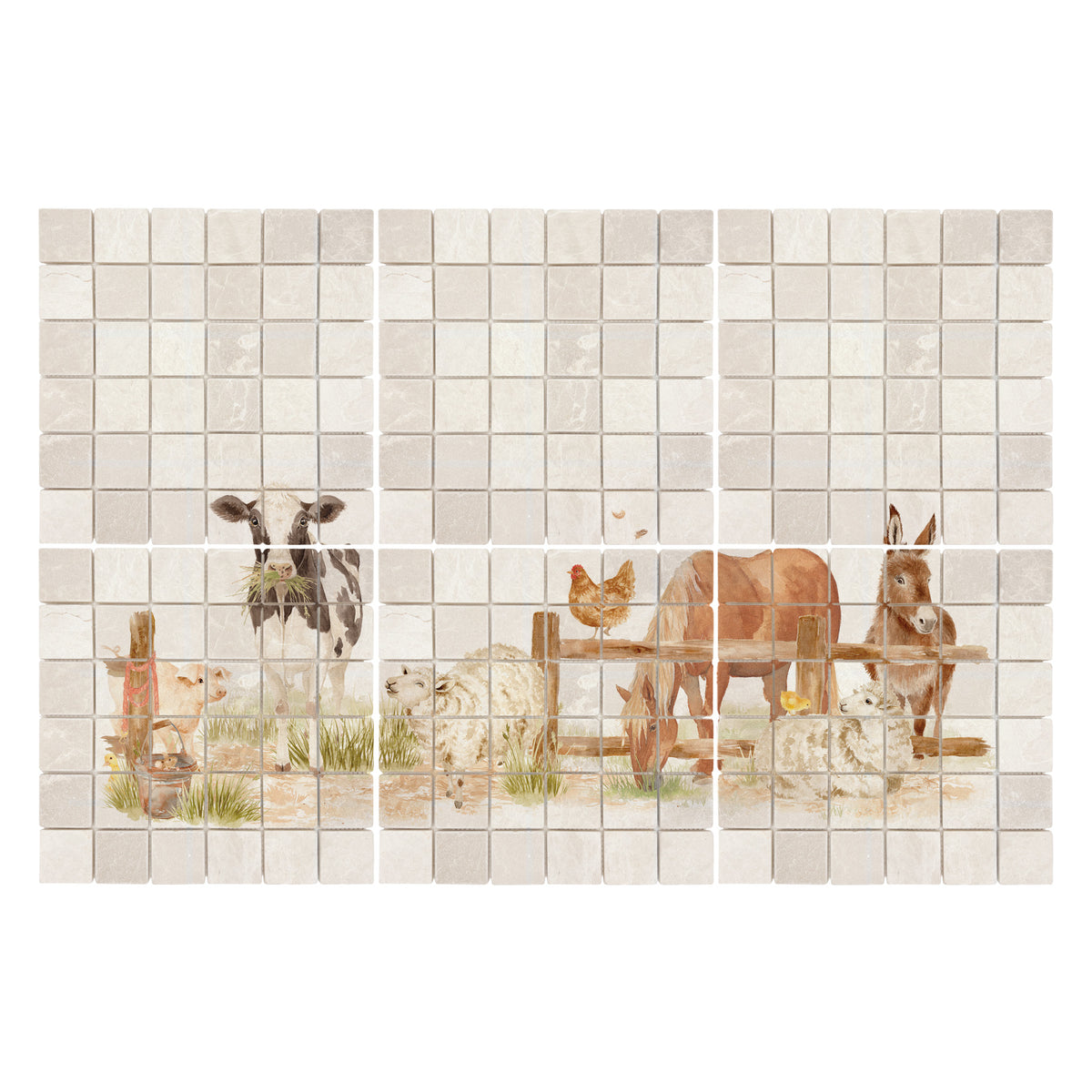 Statement marble mural depicting an idyllic Great British countryside scene. Farmyard scene, with a sheep, horse, donkey, cow, chicken, pig