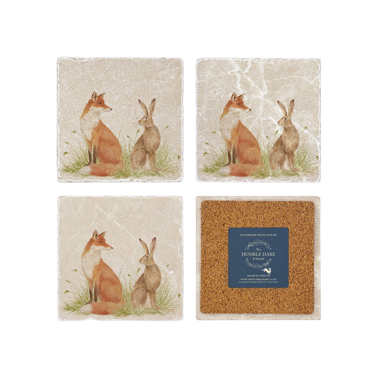 Water colour design featuring a Fox and Hare on a set of 4 coasters  Sat in a meadow style scenery. Some will question are they friend or Foe?