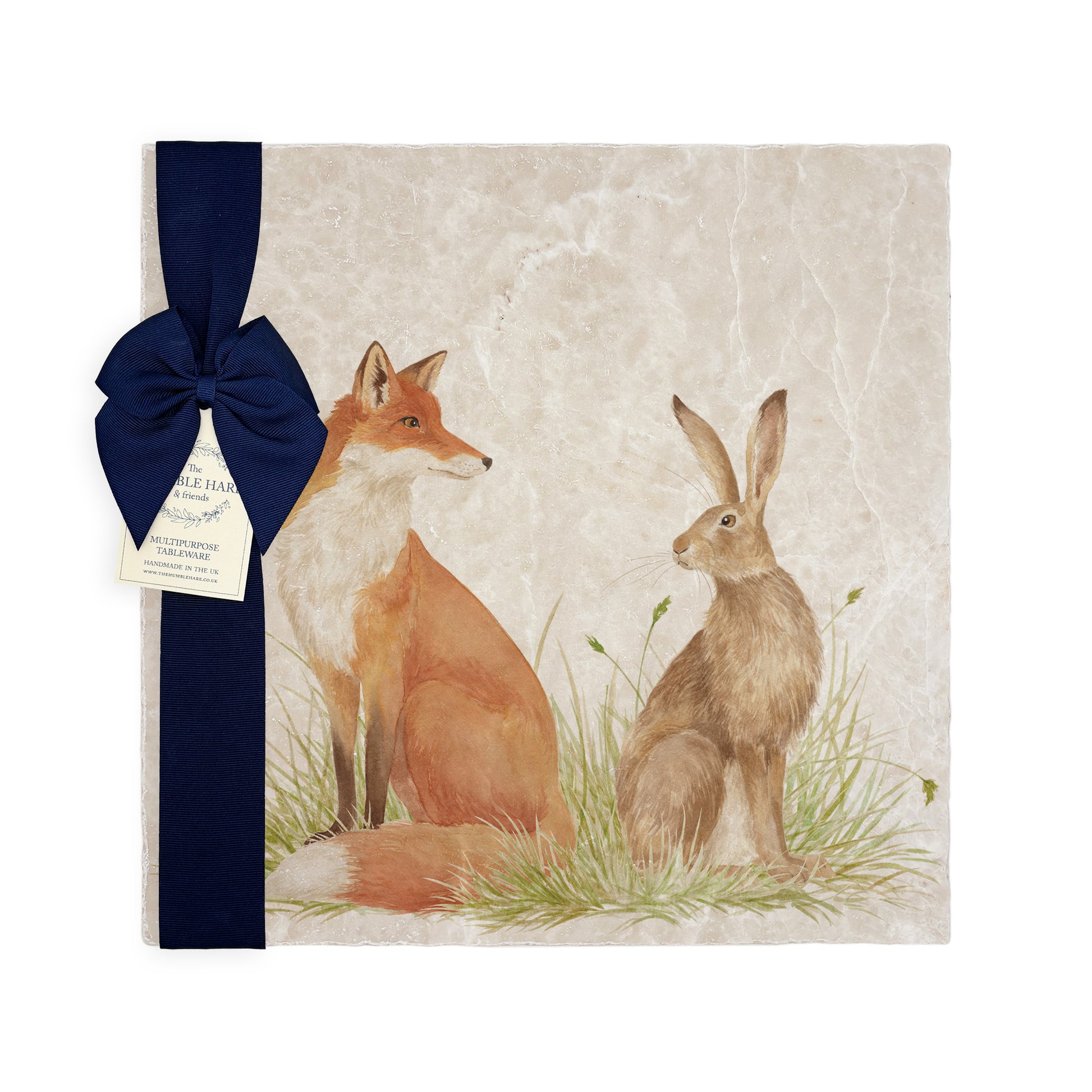 Water colour design featuring a Fox and Hare on our Large marble platter.  Sat in a meadow style scenery. Some will question are they friend or Foe?