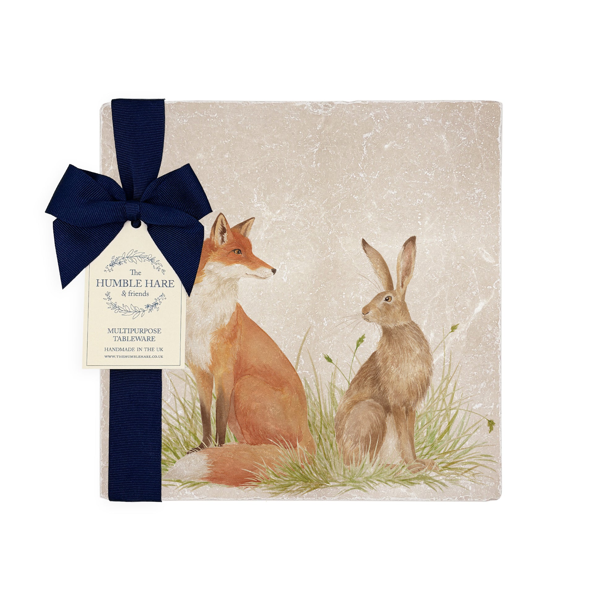 Water colour design featuring a Fox and Hare on our medium marble platter.  Sat in a meadow style scenery. Some will question are they friend or Foe?