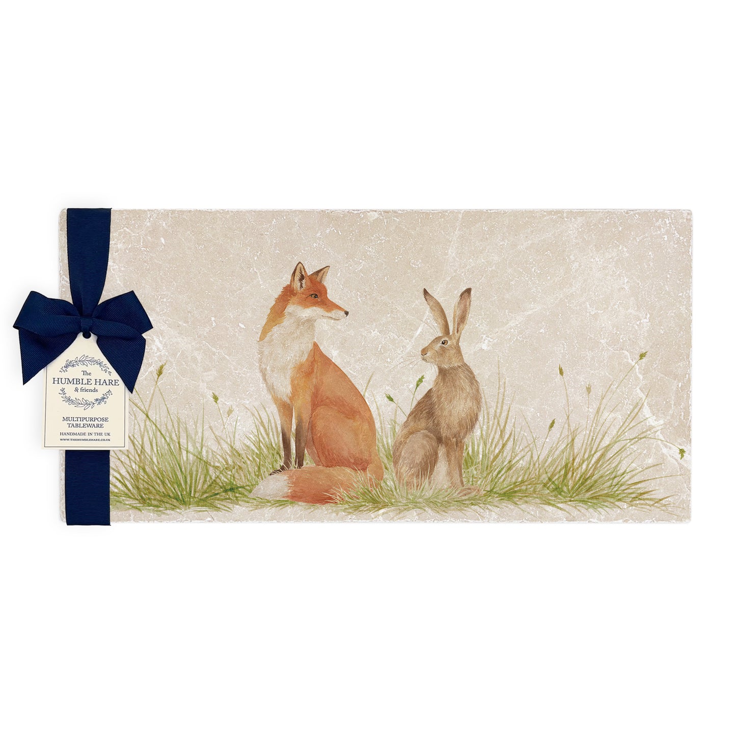 Water colour design featuring a Fox and Hare on our marble platter.  Sat in a meadow style scenery. Some will question are they friend or Foe?