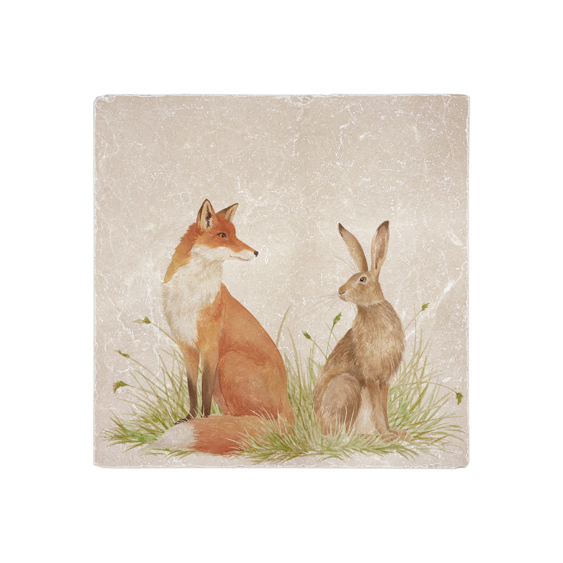 A 20 x 20cm handmade cream grey marble splashback tile featuring a watercolour fox and hare design. 
