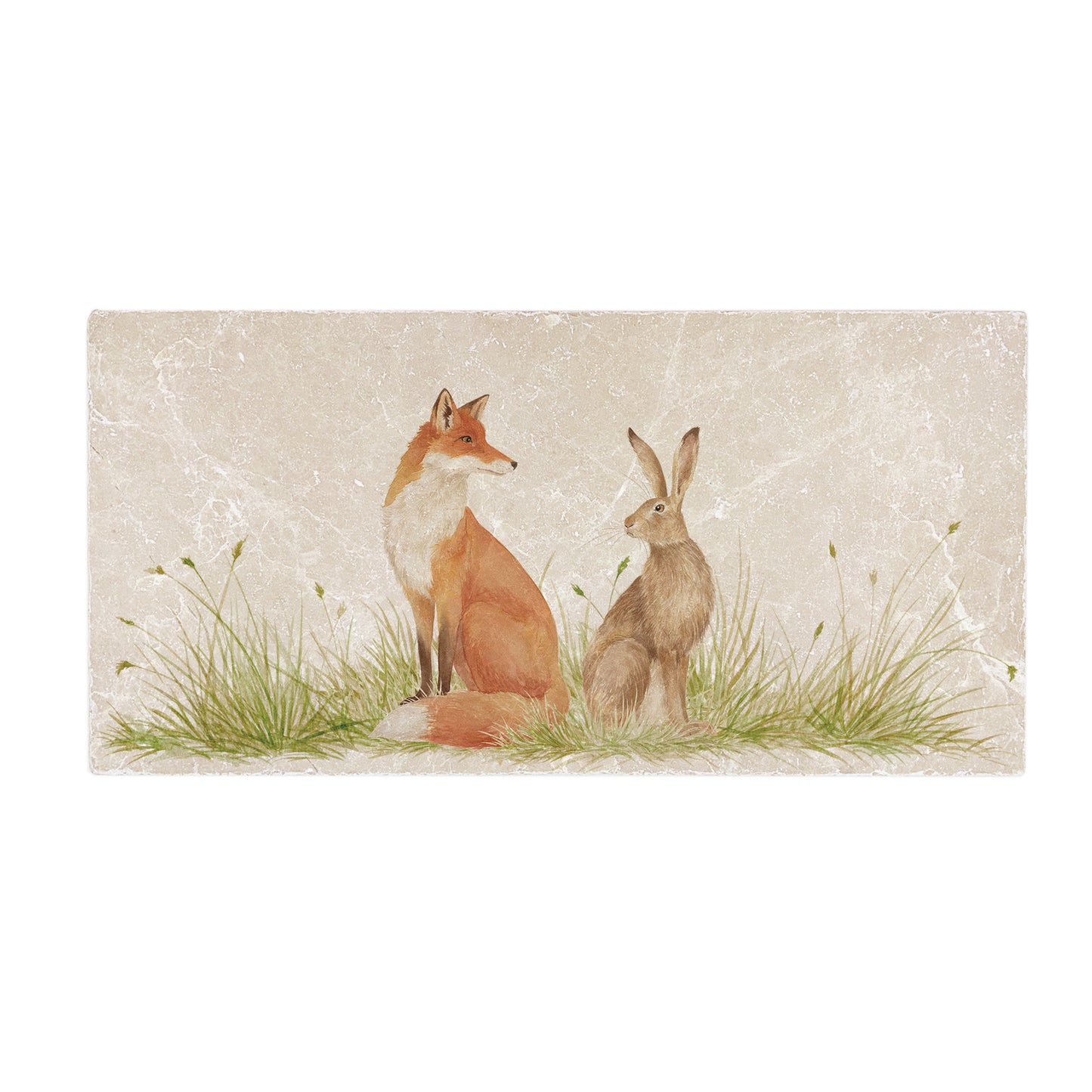 A 20 x 40cm handmade cream grey marble splashback tile featuring a watercolour fox and hare design. 