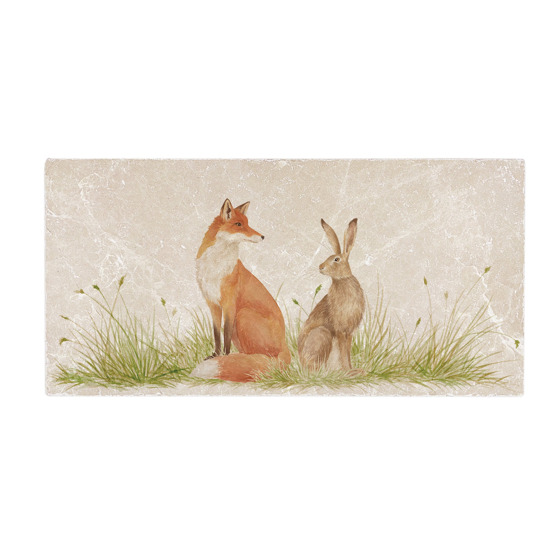 A 20 x 40cm handmade cream grey marble splashback tile featuring a watercolour fox and hare design. 