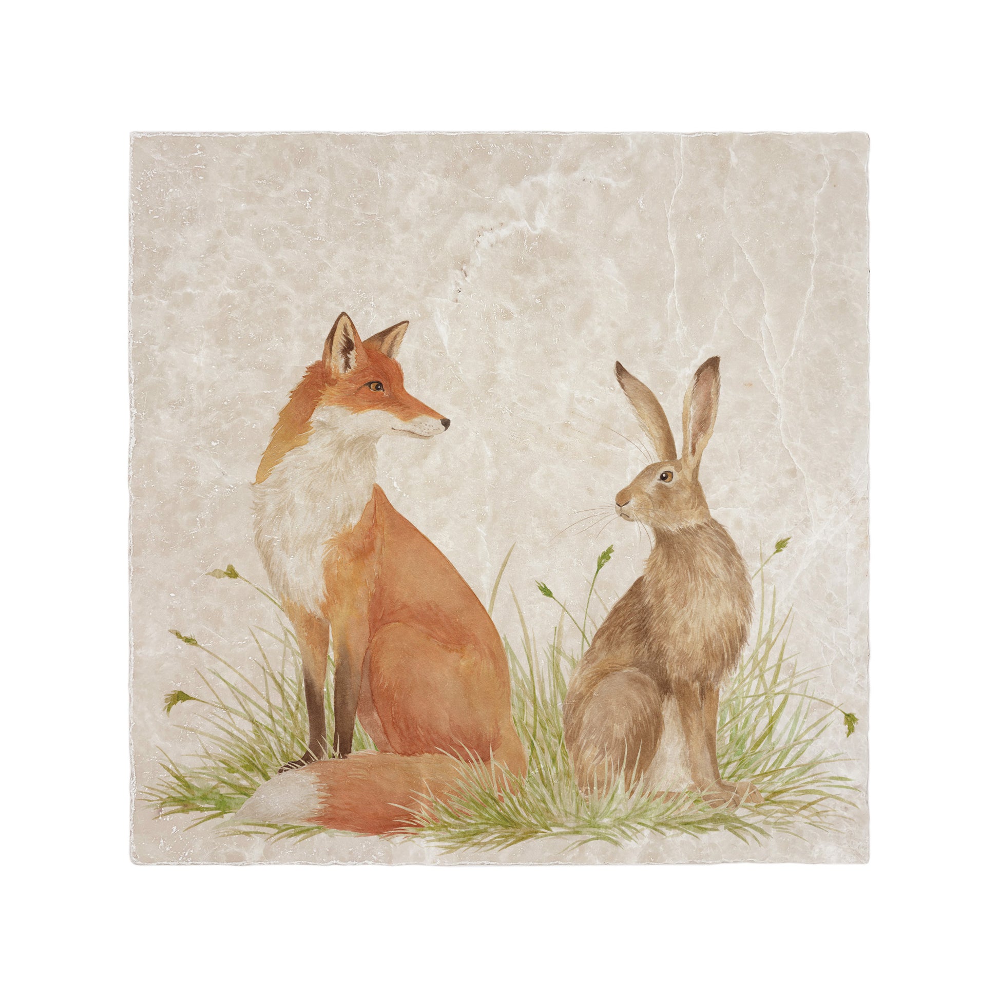 A 30.5 x 30.5cm handmade cream grey marble splashback tile featuring a watercolour fox and hare design. 