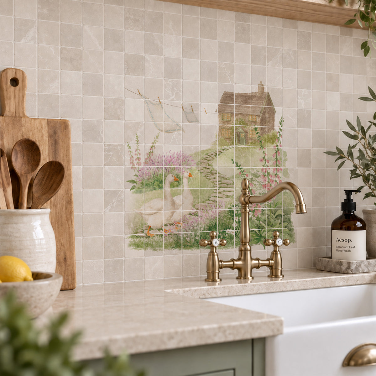 Elegant marble wall mural inspired by rolling British countryside landscapes