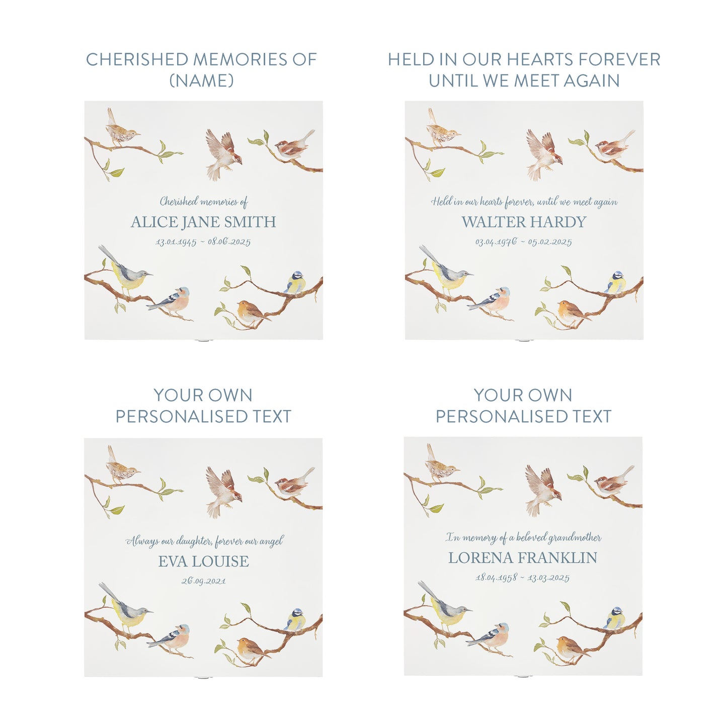White Square personalised Wooden box with a decorative lid featuring illustrations of Garden Birds on Branches Perfect funeral memory keepsake box, for storing ashes, order of service, flowers and capturing your loved ones things in one place.