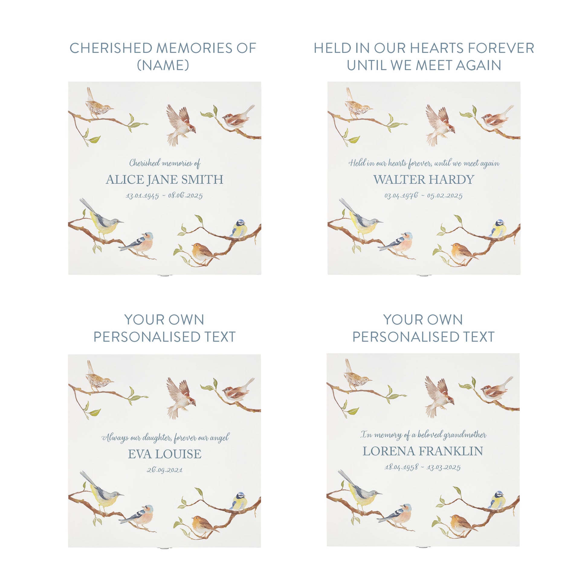 White Square personalised Wooden box with a decorative lid featuring illustrations of Garden Birds on Branches Perfect funeral memory keepsake box, for storing ashes, order of service, flowers and capturing your loved ones things in one place.