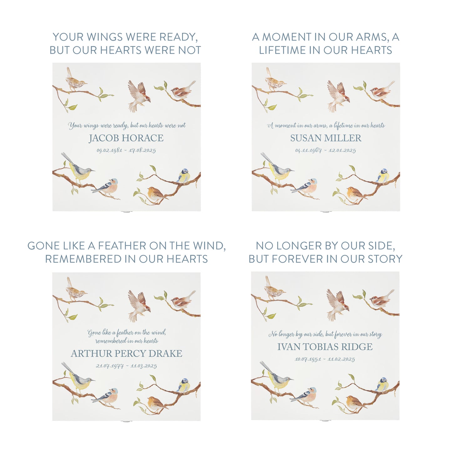 White Square personalised Wooden box with a decorative lid featuring illustrations of Garden Birds on Branches Perfect funeral memory keepsake box, for storing ashes, order of service, flowers and capturing your loved ones things in one place.