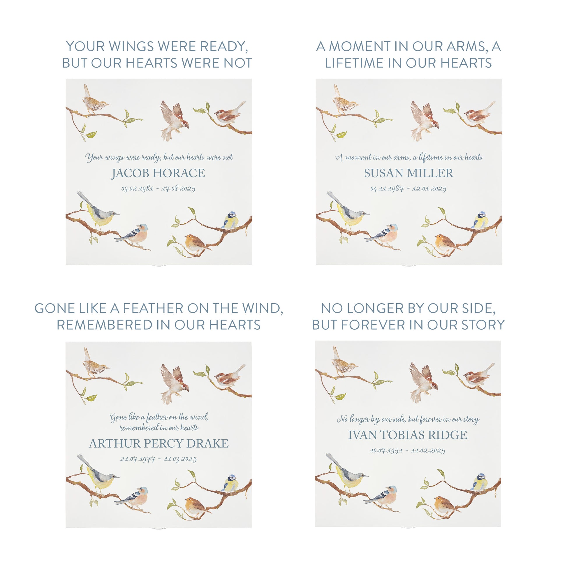 White Square personalised Wooden box with a decorative lid featuring illustrations of Garden Birds on Branches Perfect funeral memory keepsake box, for storing ashes, order of service, flowers and capturing your loved ones things in one place.