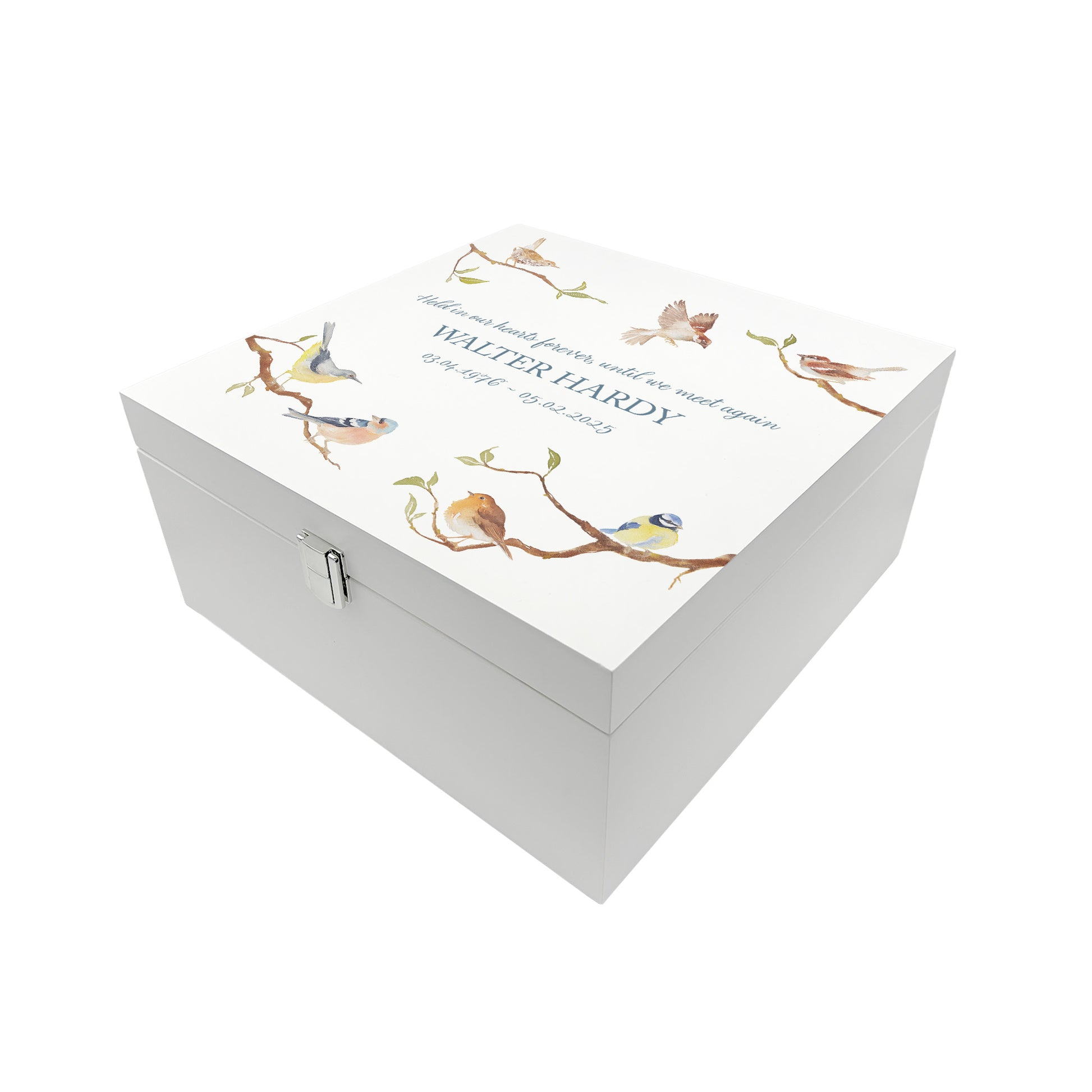 White Square personalised Wooden box with a decorative lid featuring illustrations of Garden Birds on Branches Perfect funeral memory keepsake box, for storing ashes, order of service, flowers and capturing your loved ones things in one place.