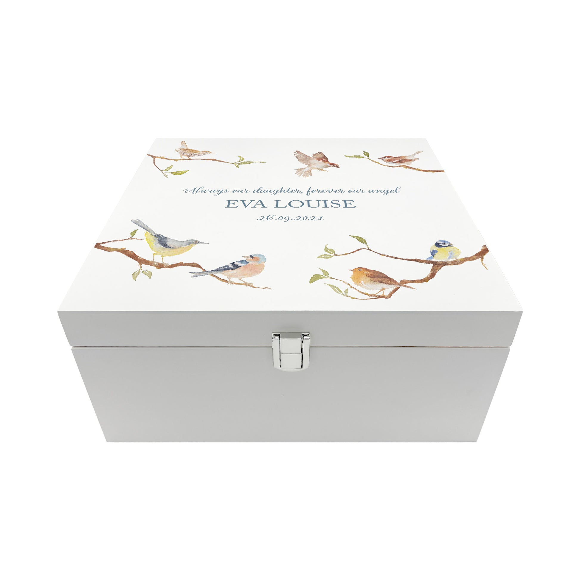White Square personalised Wooden box with a decorative lid featuring illustrations of Garden Birds on Branches Perfect funeral memory keepsake box, for storing ashes, order of service, flowers and capturing your loved ones things in one place.