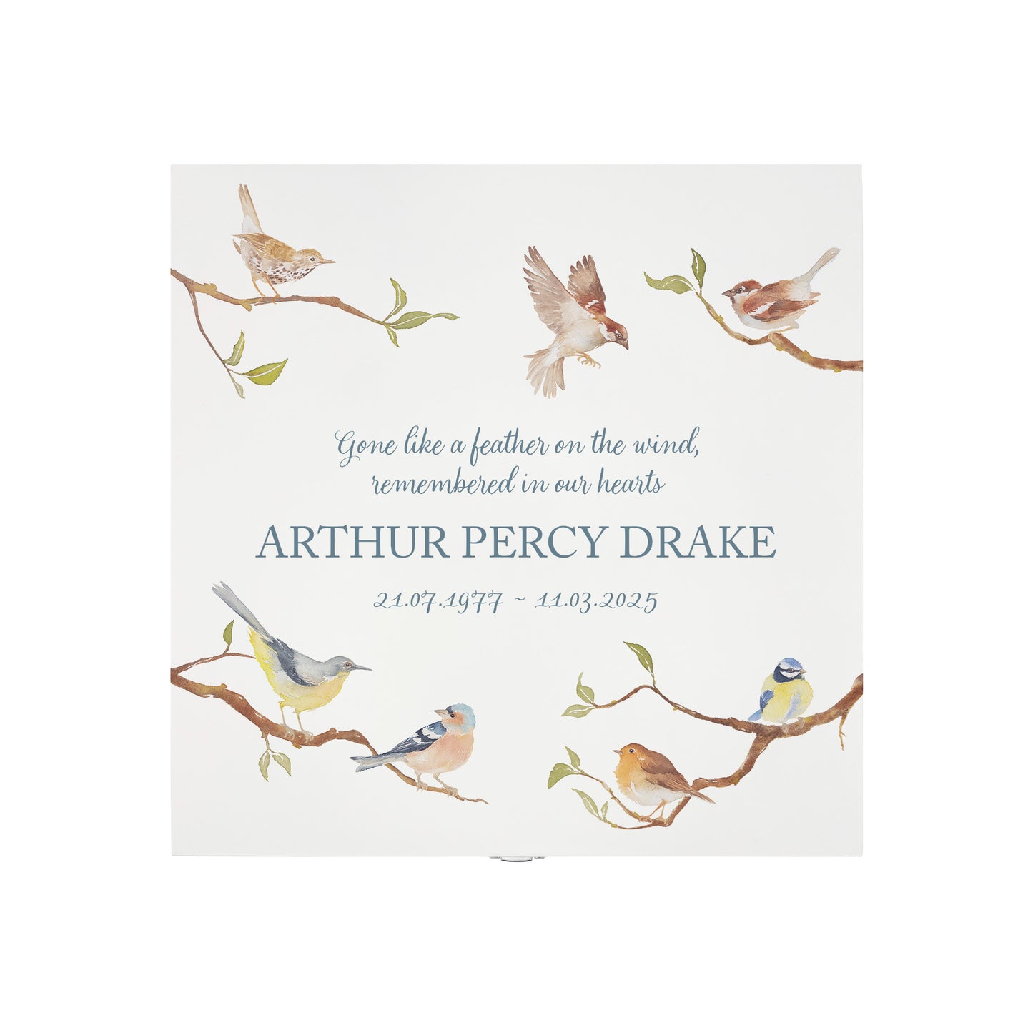 White Square personalised Wooden box with a decorative lid featuring illustrations of Garden Birds on Branches Perfect funeral memory keepsake box, for storing ashes, order of service, flowers and capturing your loved ones things in one place.