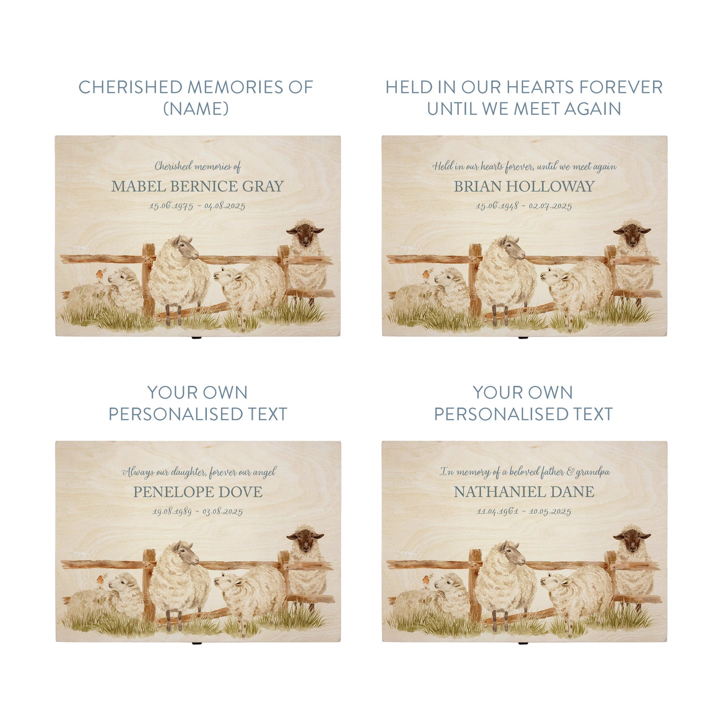 Wooden box with a lid featuring an illustration of a sheep on a wooden background Perfect funeral memory keepsake box, for storing ashes, order of service, flowers, pictures. 