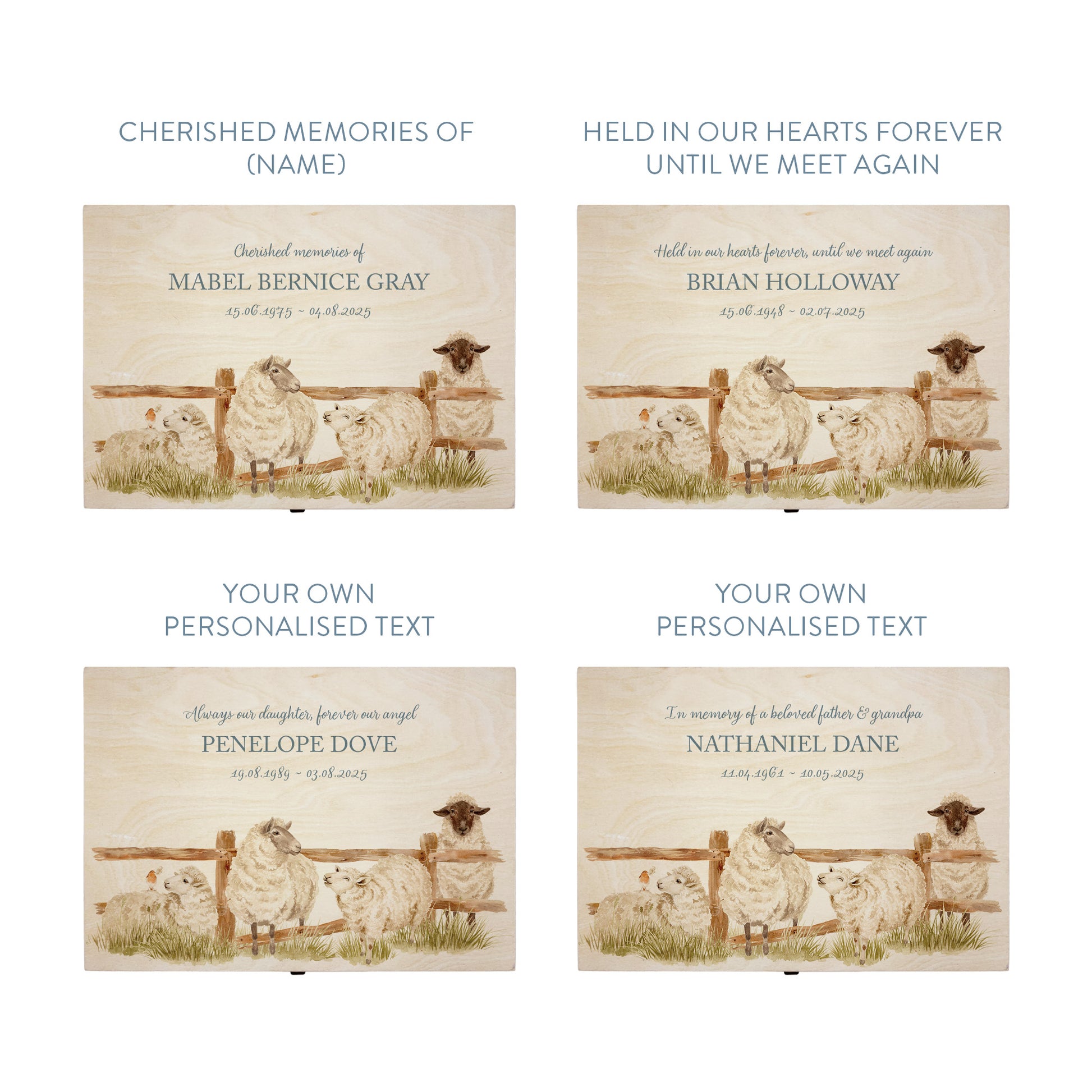 Wooden box with a lid featuring an illustration of a sheep on a wooden background Perfect funeral memory keepsake box, for storing ashes, order of service, flowers, pictures. 