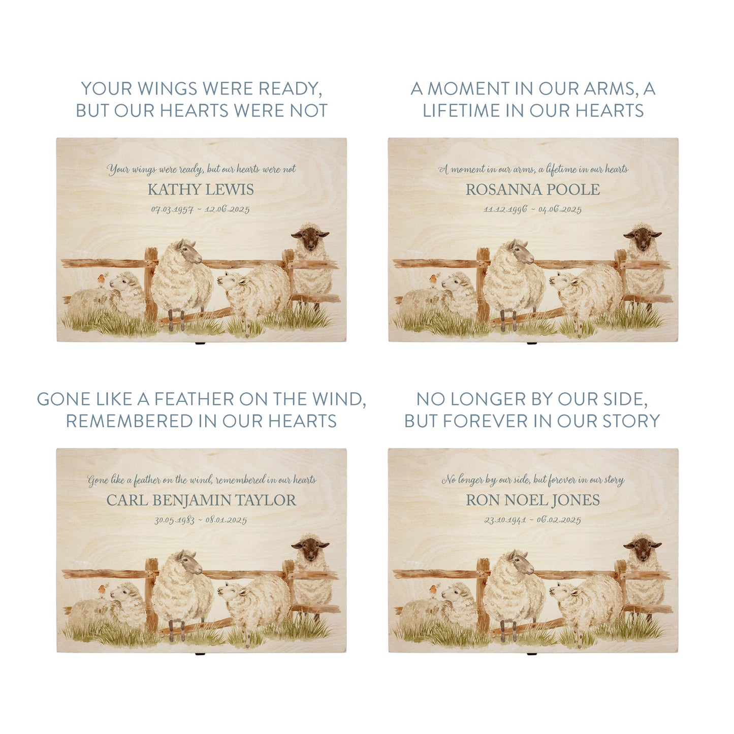 Wooden box with a lid featuring an illustration of a sheep on a wooden background Perfect funeral memory keepsake box, for storing ashes, order of service, flowers, pictures. 