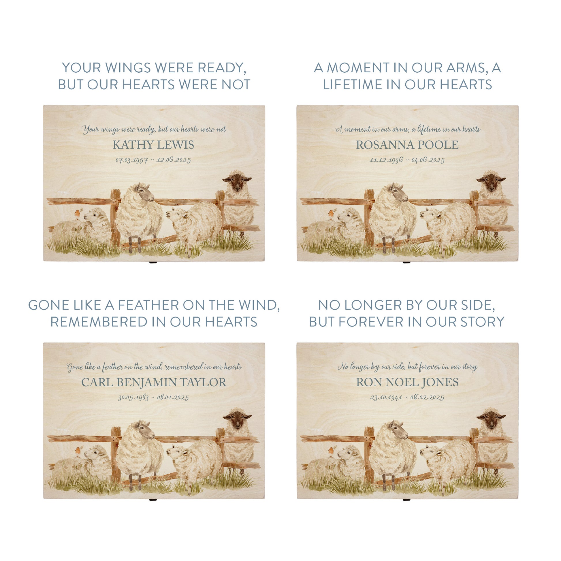 Wooden box with a lid featuring an illustration of a sheep on a wooden background Perfect funeral memory keepsake box, for storing ashes, order of service, flowers, pictures. 
