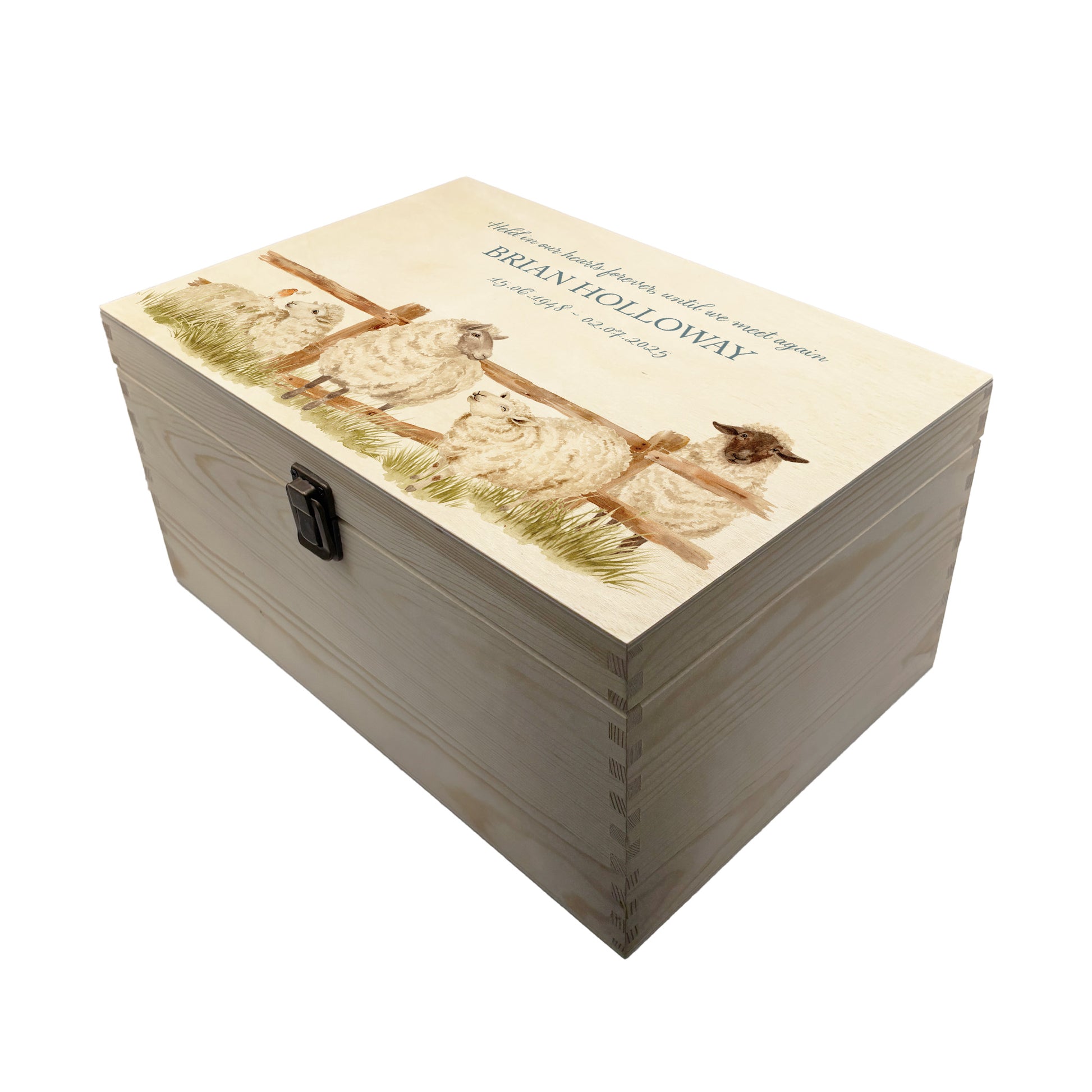 Wooden box with a lid featuring an illustration of a sheep on a wooden background Perfect funeral memory keepsake box, for storing ashes, order of service, flowers, pictures. 