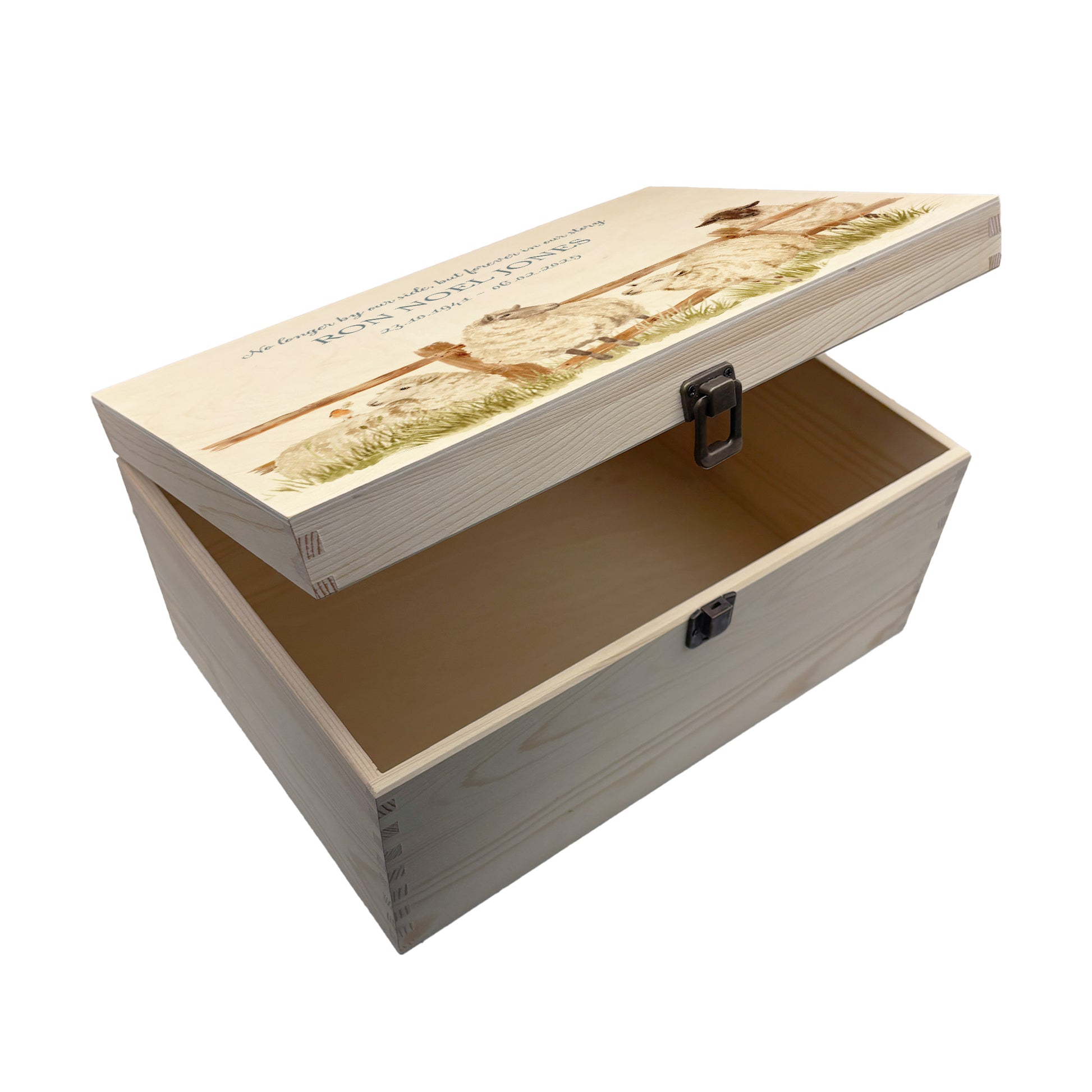 Wooden box with a lid featuring an illustration of a sheep on a wooden background Perfect funeral memory keepsake box, for storing ashes, order of service, flowers, pictures. 