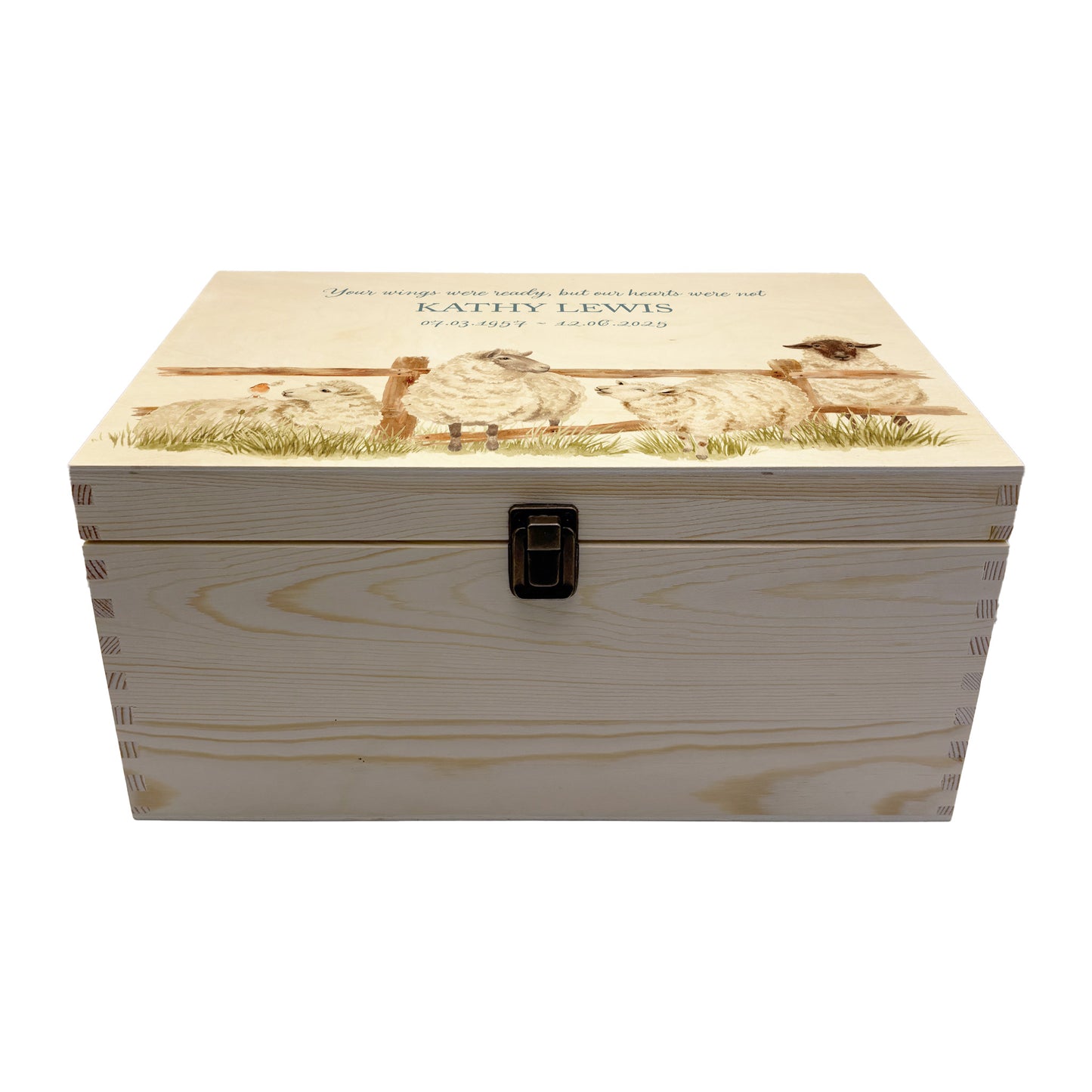 Wooden box with a lid featuring an illustration of a sheep on a wooden background Perfect funeral memory keepsake box, for storing ashes, order of service, flowers, pictures. 