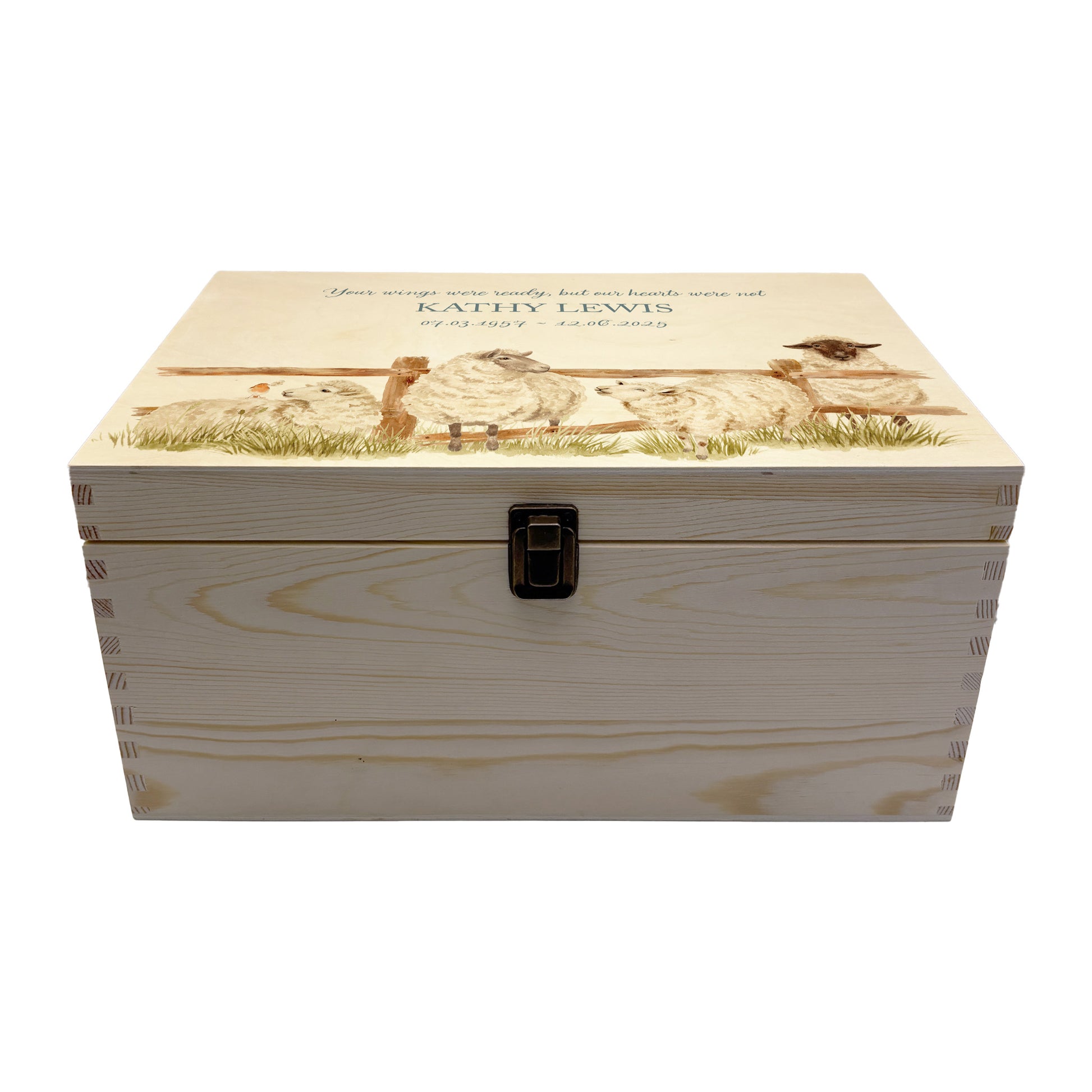 Wooden box with a lid featuring an illustration of a sheep on a wooden background Perfect funeral memory keepsake box, for storing ashes, order of service, flowers, pictures. 