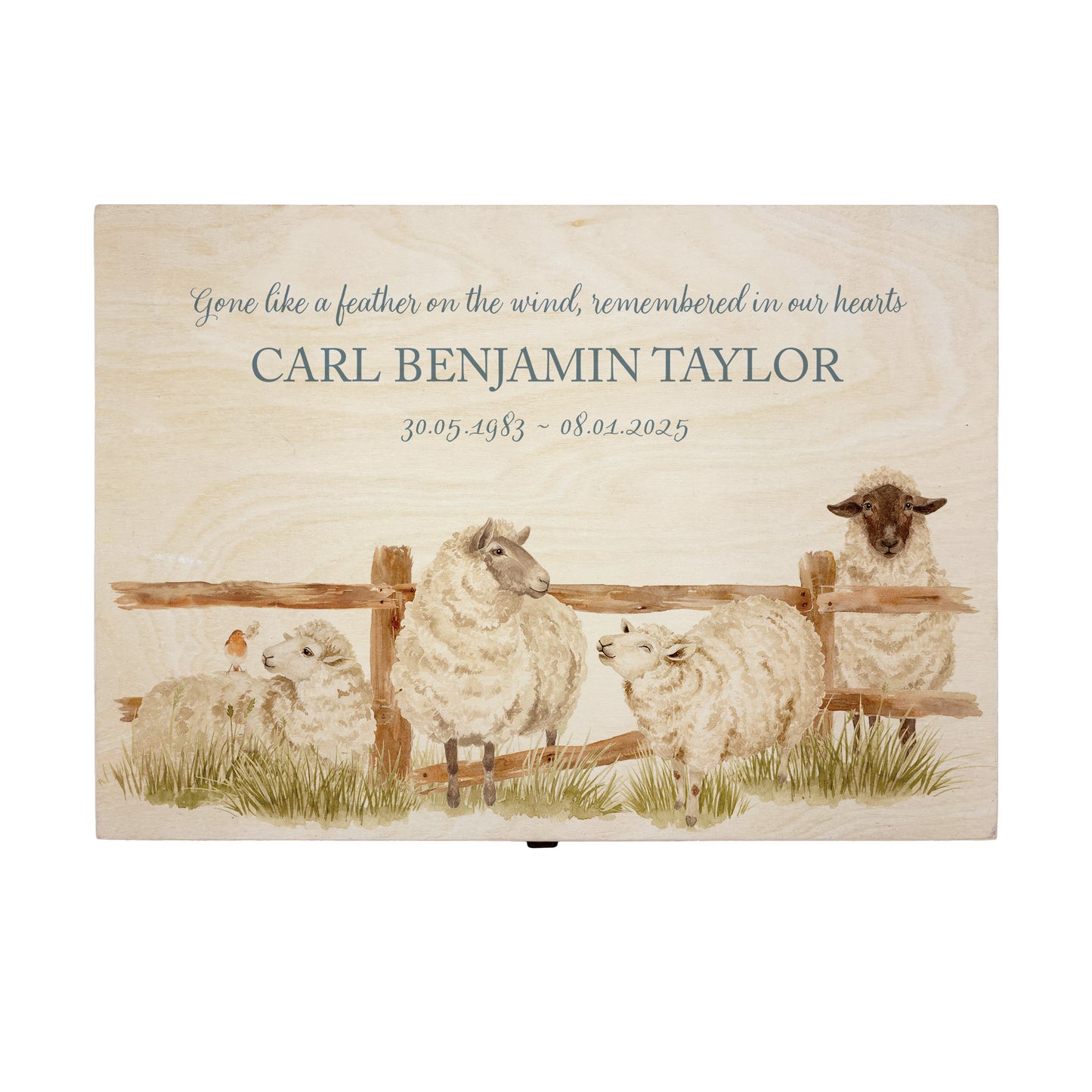 Wooden box with a lid featuring an illustration of a sheep on a wooden background Perfect funeral memory keepsake box, for storing ashes, order of service, flowers, pictures. 