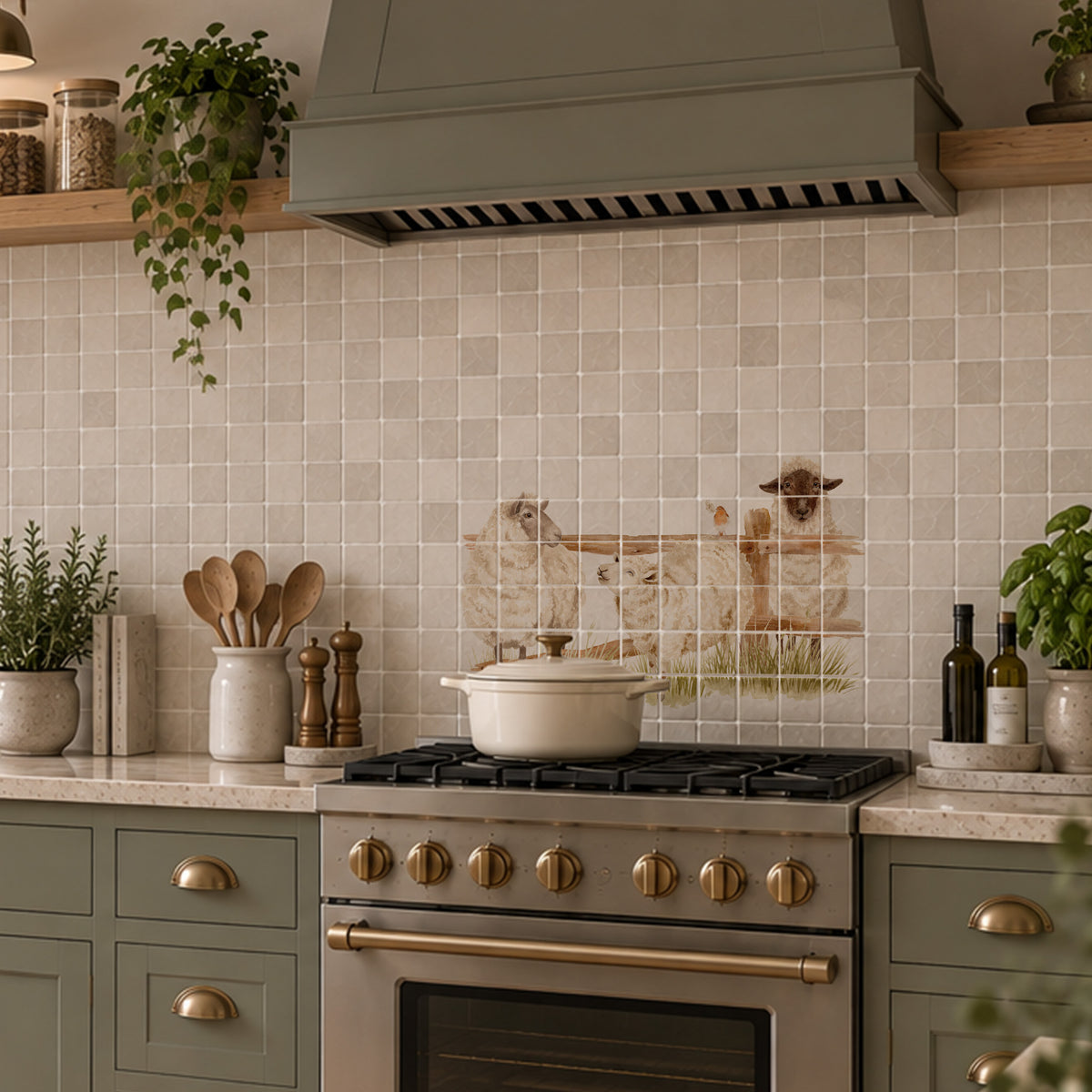 A styled kitchen scene with sage green cabinets, a gas stove, a cream pot, and a decorative tile mural depicting a rustic fence and sheep lined up on the backsplash.