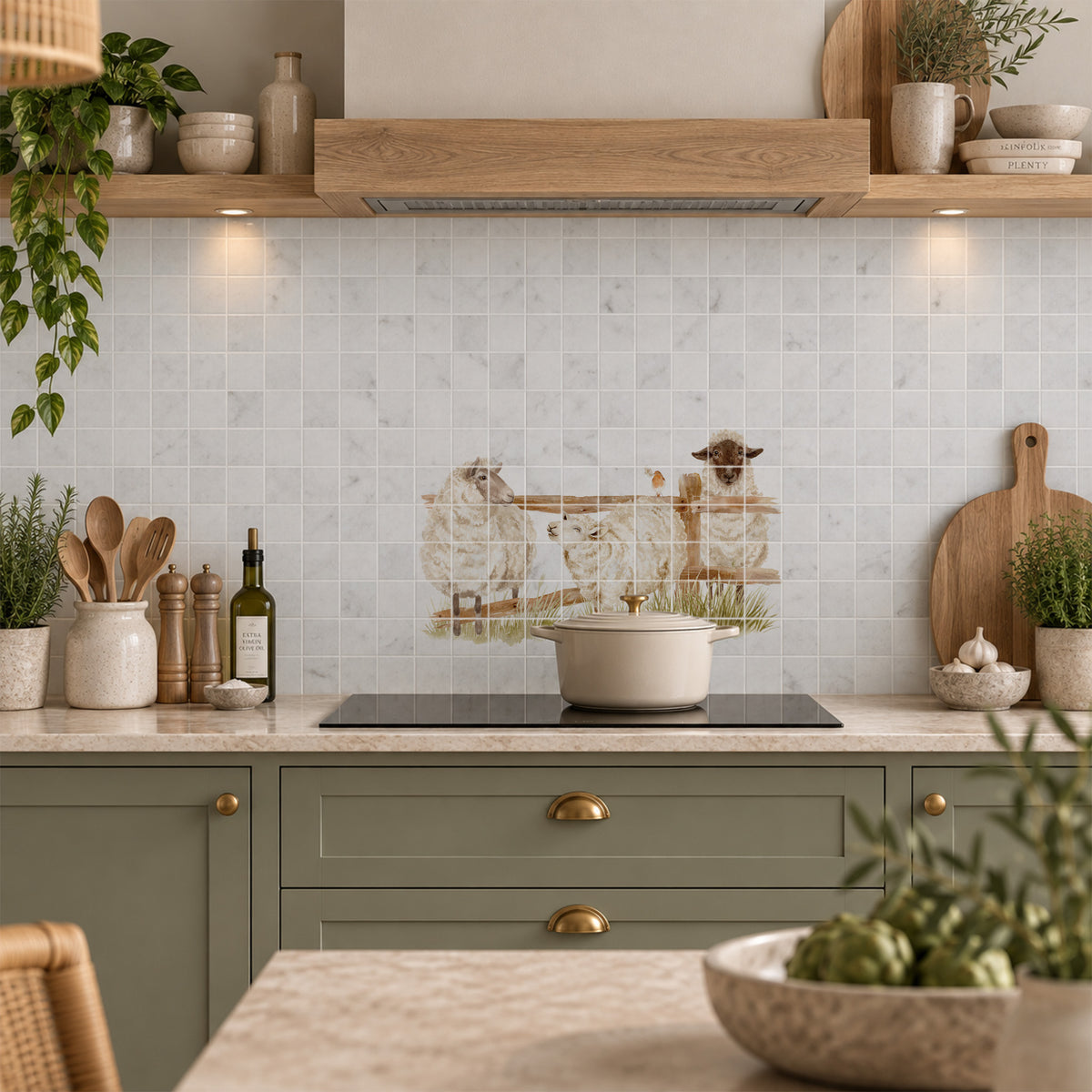 A styled kitchen scene with sage green cabinets, a gas stove, a cream pot, and a decorative tile mural depicting a rustic fence and sheep lined up on the backsplash.
