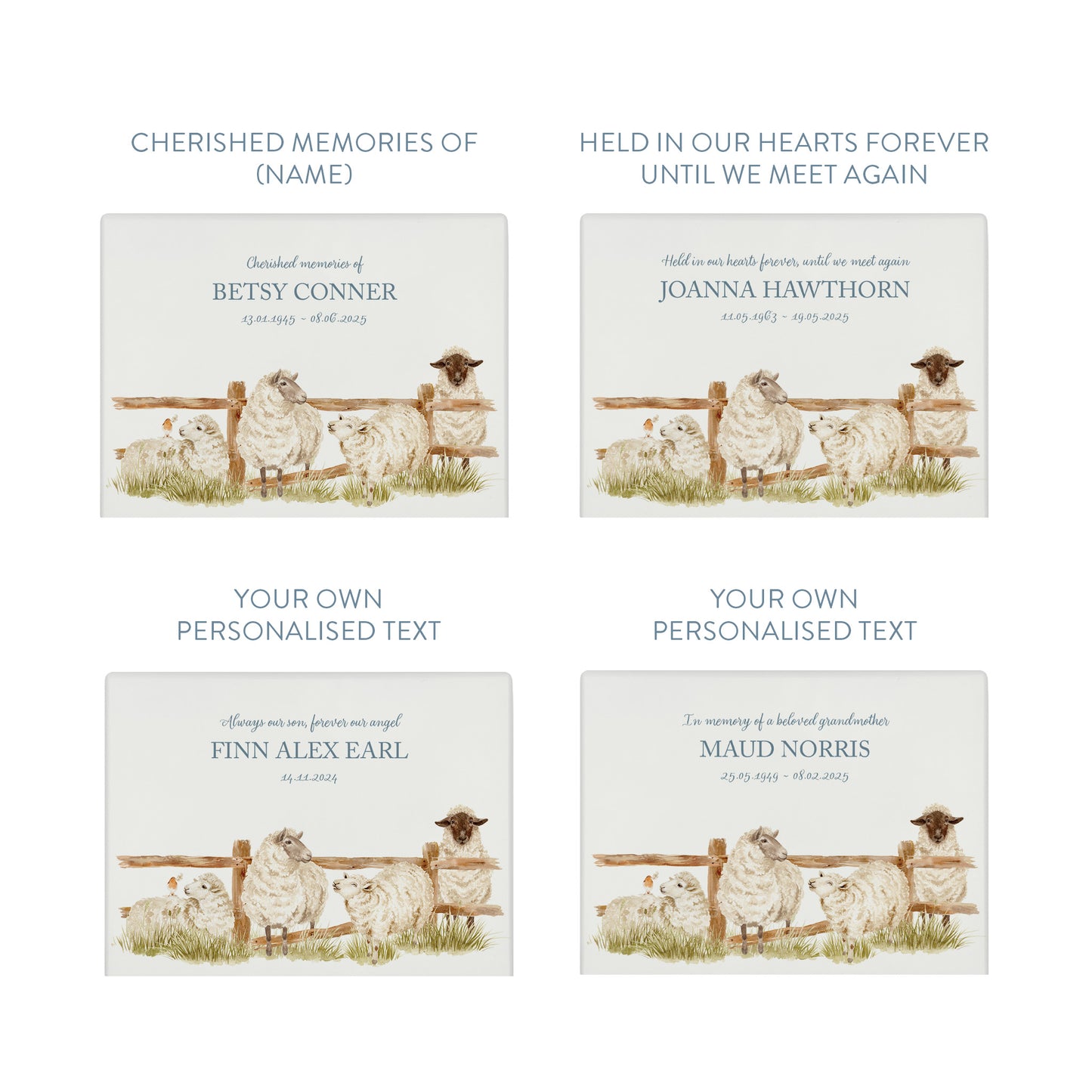 Luxury solid wooden white painted with a group of Sheep with a little Robin watercolour illustration our urns and Caskets for displaying or burying ashes. Customisable and can be personalised. Perfect funeral memory keepsake urn, for storing ashes for humans and pets.