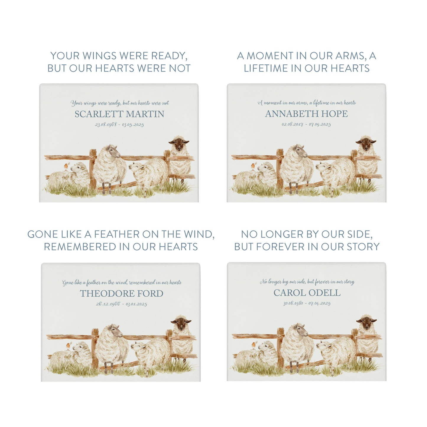 Luxury solid wooden white painted with a group of Sheep with a little Robin watercolour illustration our urns and Caskets for displaying or burying ashes. Customisable and can be personalised. Perfect funeral memory keepsake urn, for storing ashes for humans and pets.