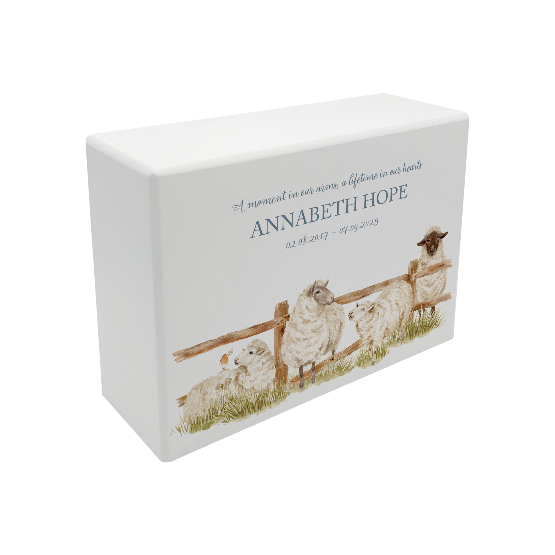 Luxury solid wooden white painted with a group of Sheep with a little Robin watercolour illustration our urns and Caskets for displaying or burying ashes. Customisable and can be personalised. Perfect funeral memory keepsake urn, for storing ashes for humans and pets. 