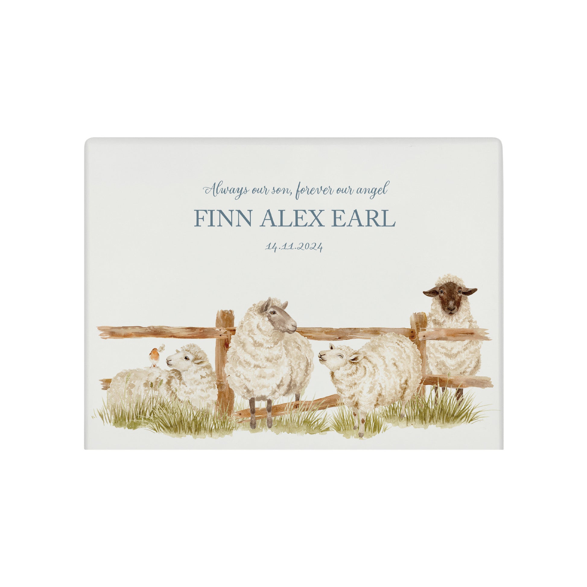 Luxury solid wooden white painted with a group of Sheep with a little Robin watercolour illustration our urns and Caskets for displaying or burying ashes. Customisable and can be personalised. Perfect funeral memory keepsake urn, for storing ashes for humans and pets.