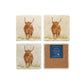 A set of 4 square marble coasters, featuring a watercolour design of a highland cow. One coaster is flipped to show that the coasters are backed with cork.