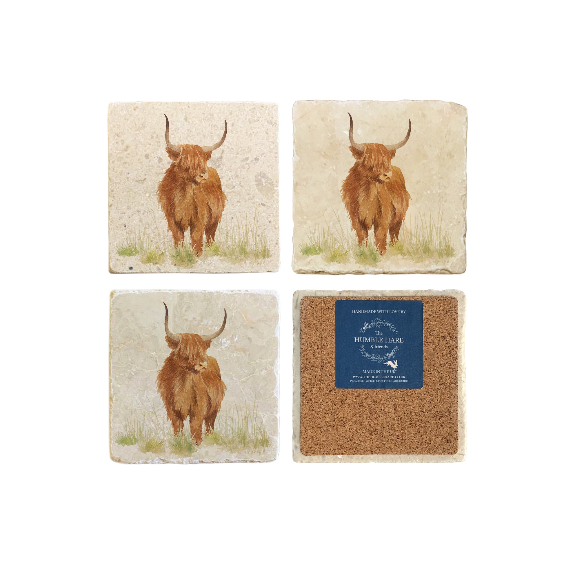 A set of 4 square marble coasters, featuring a watercolour design of a highland cow. One coaster is flipped to show that the coasters are backed with cork.