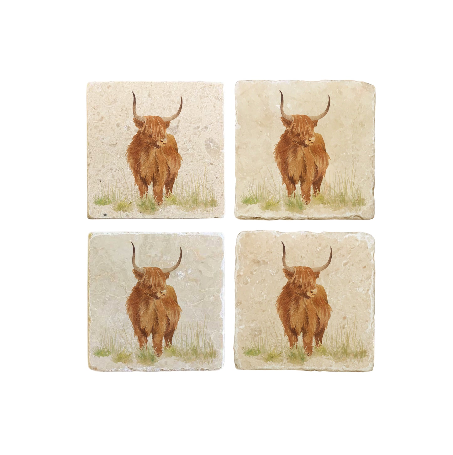 A set of four square marble coasters, featuring a watercolour design of a highland cow standing in a grassy field.
