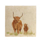 A large square multipurpose marble platter, featuring a watercolour design of a highland cow and calf in a grassy field.