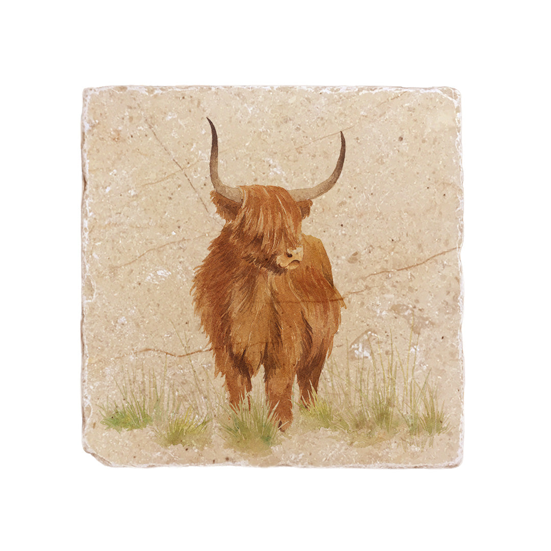 A medium square multipurpose marble platter, featuring a watercolour design of a highland cow in a grassy field.