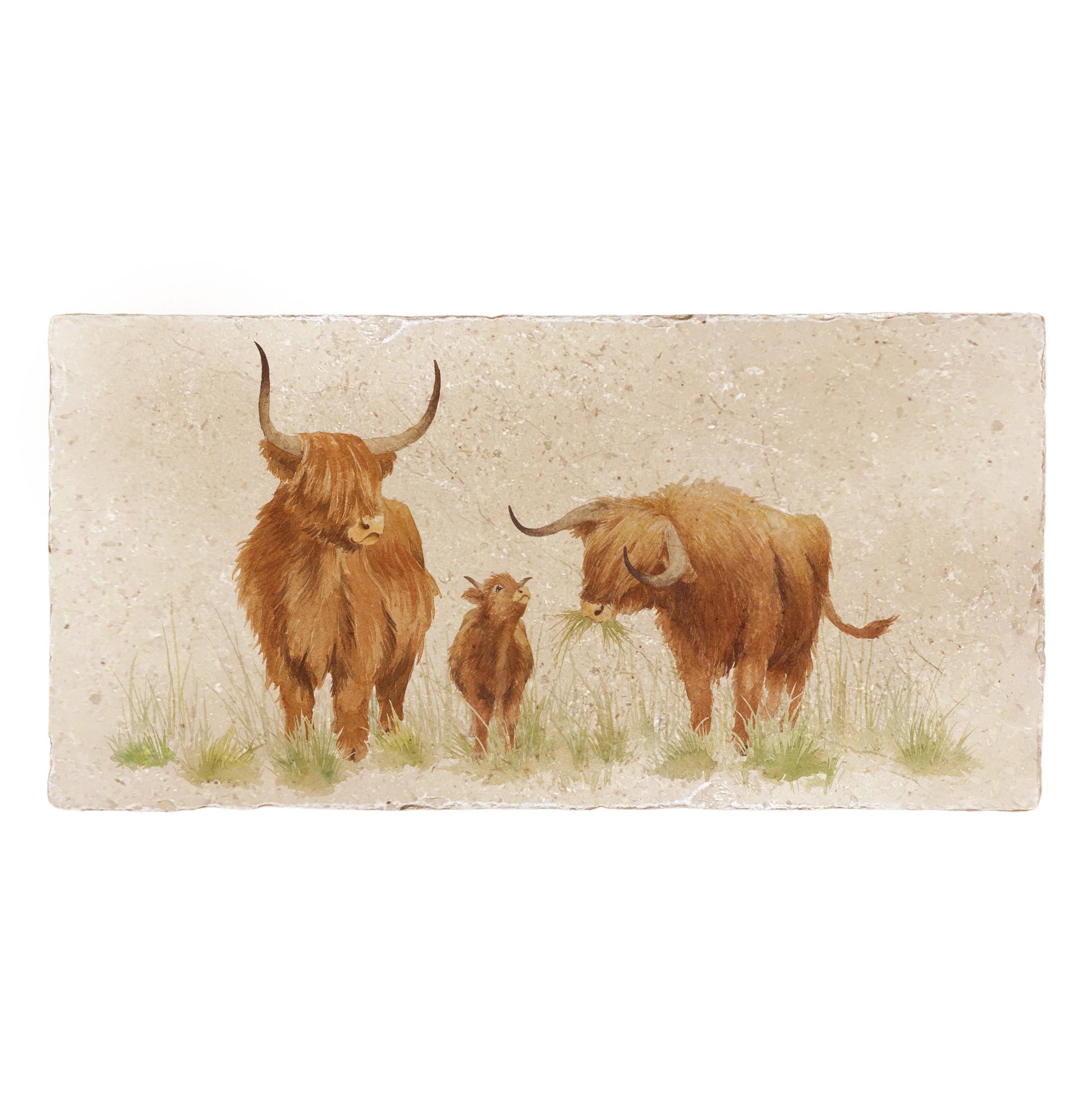 A rectangular cream marble sharing platter, featuring a watercolour design of a family of three highland cows, including a bull, cow and calf.