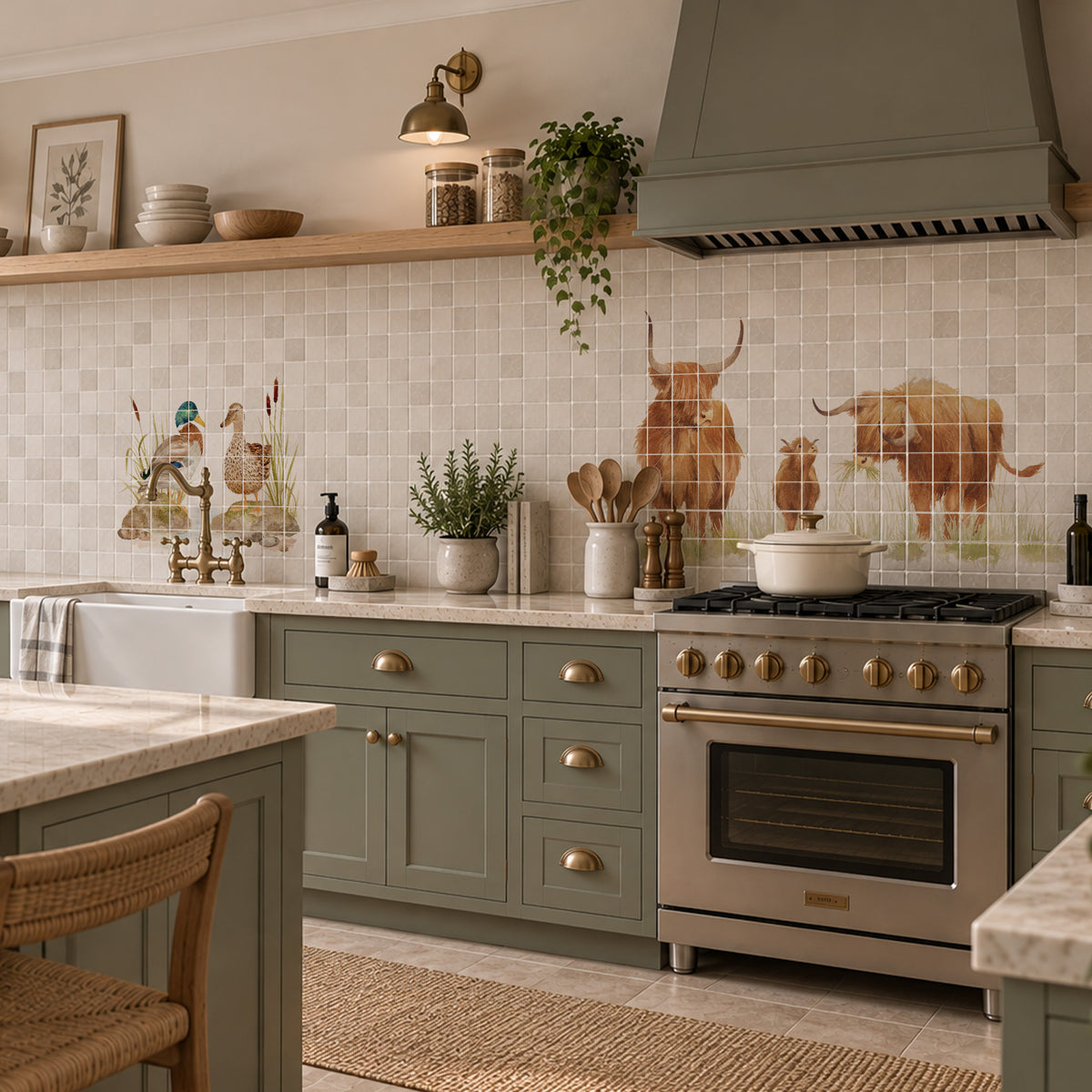 Premium marble Highland Cow mural featuring a tranquil countryside scene inspired by great British countryside.