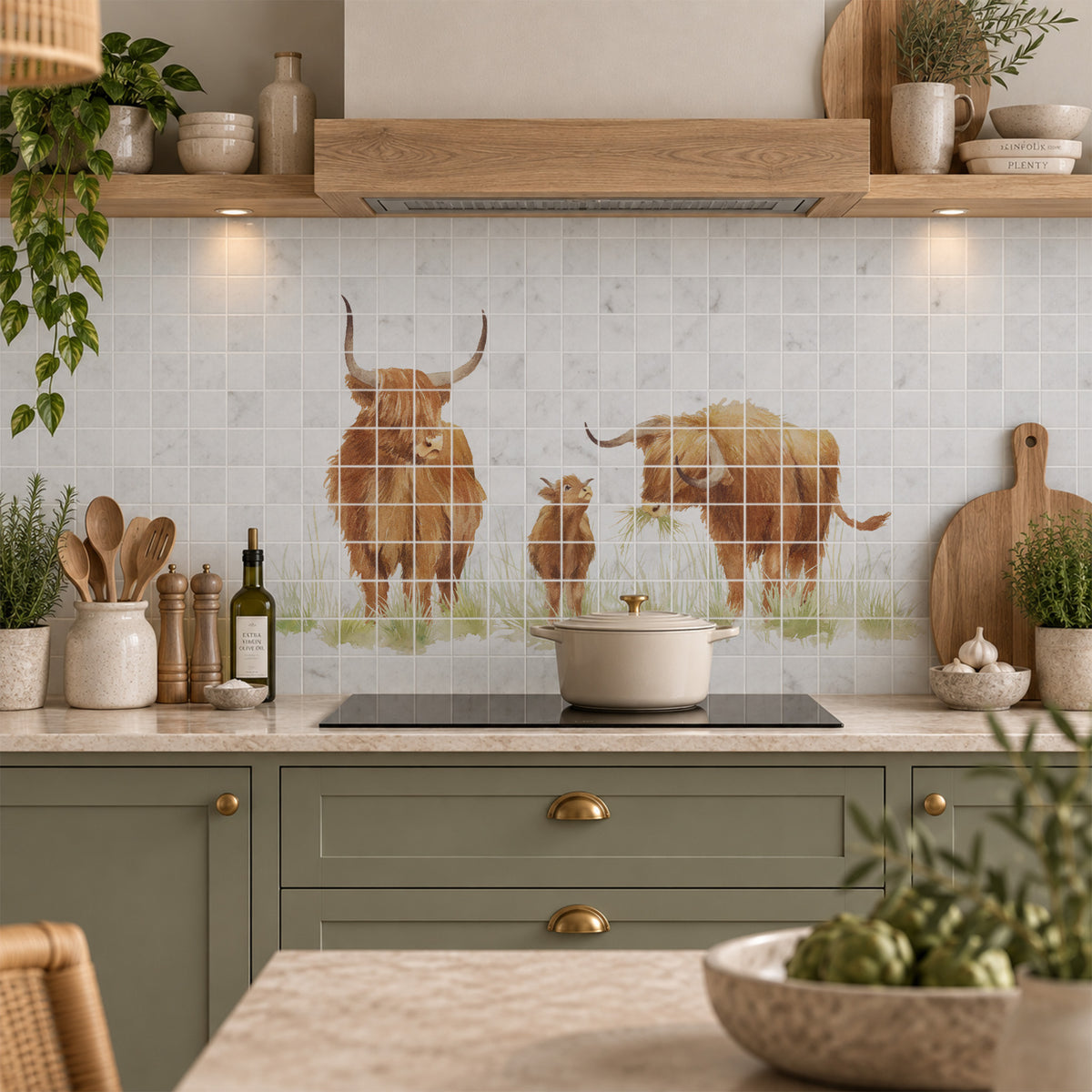 Premium marble Highland Cow mural featuring a tranquil countryside scene inspired by great British countryside.