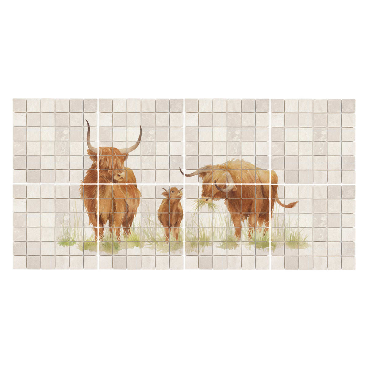 Premium marble Highland Cow mural featuring a tranquil countryside scene inspired by great British countryside.