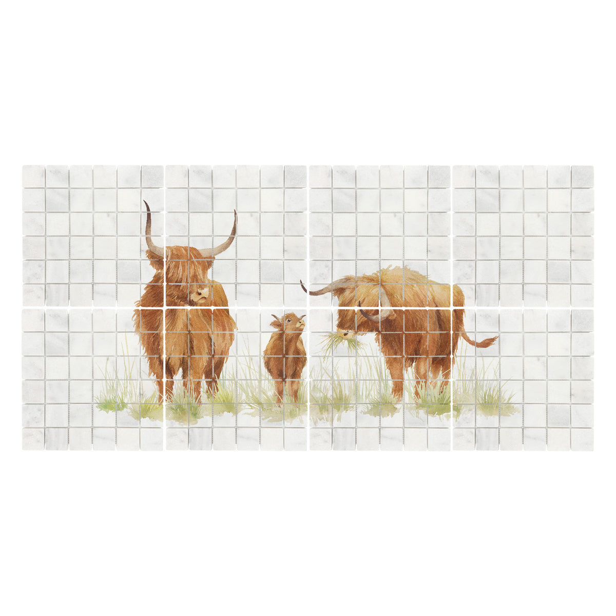 Premium marble Highland Cow mural featuring a tranquil countryside scene inspired by great British countryside.