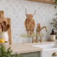 Premium marble Highland Cow mural featuring a tranquil countryside scene inspired by great British countryside.
