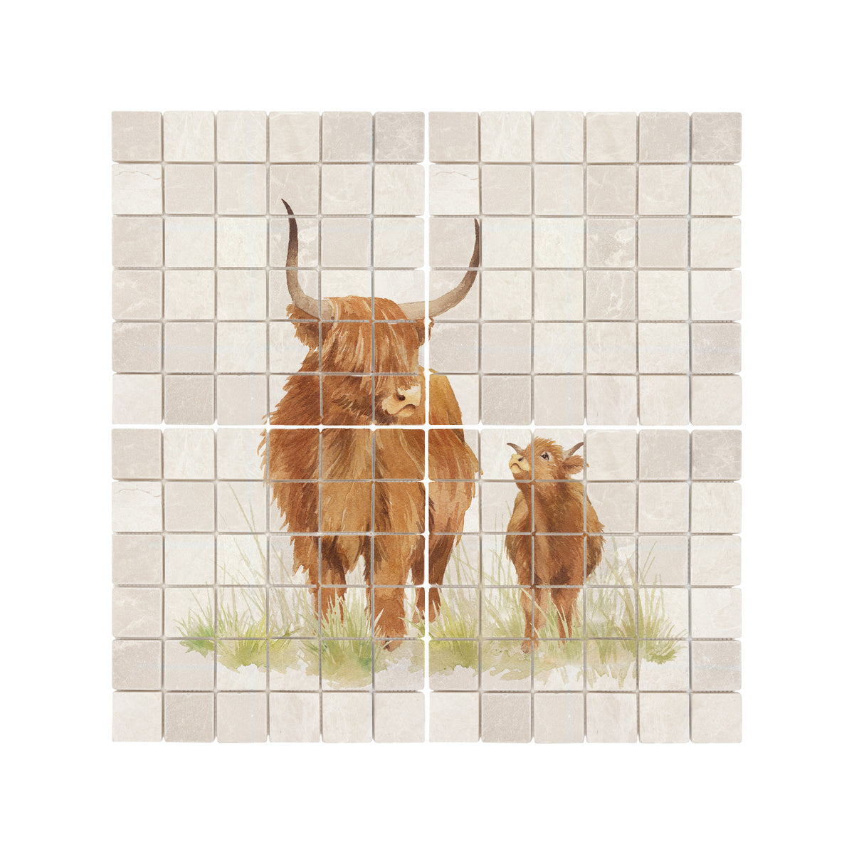 Premium marble Highland Cow mural featuring a tranquil countryside scene inspired by great British countryside.