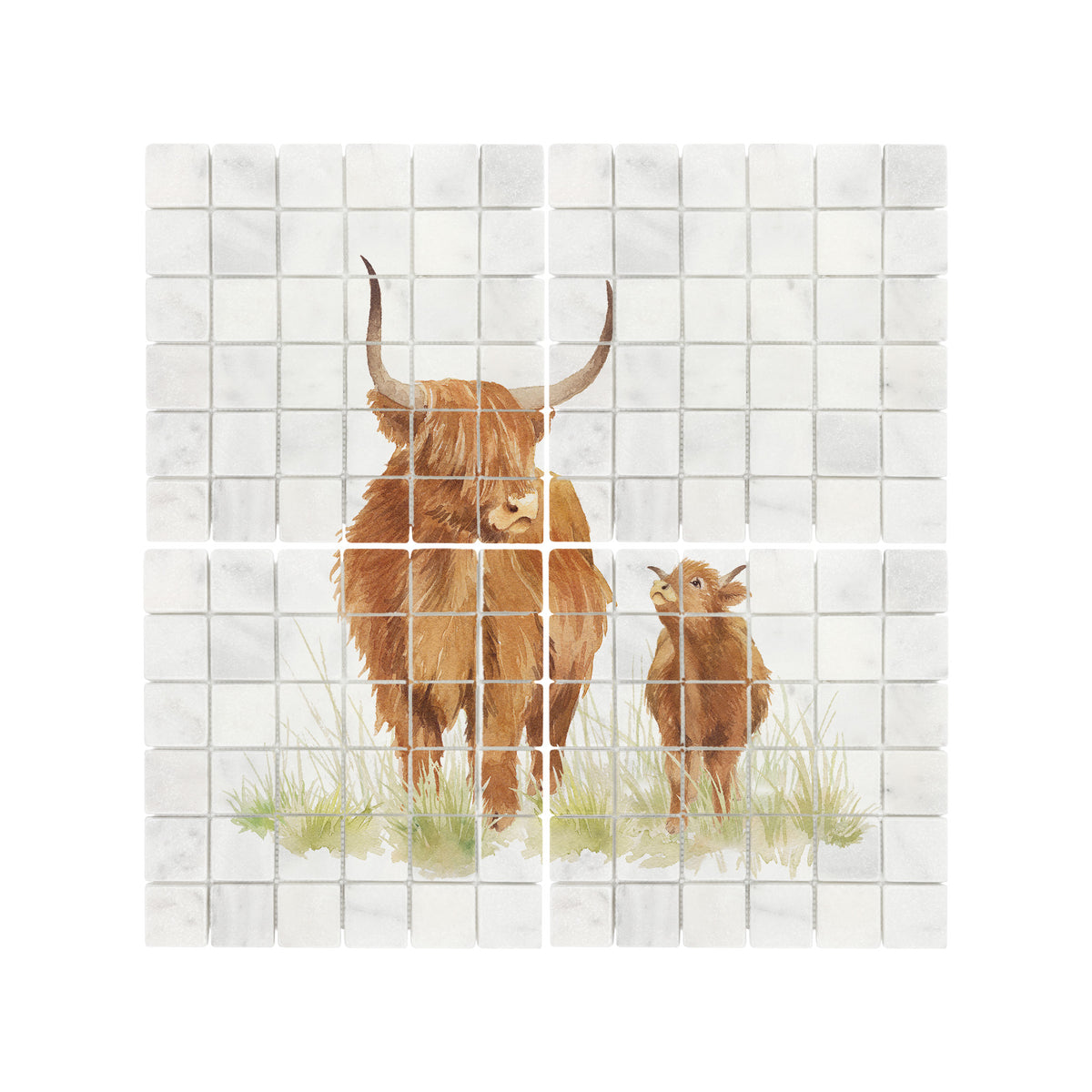 Premium marble Highland Cow mural featuring a tranquil countryside scene inspired by great British countryside.