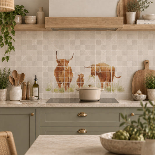 Premium marble Highland Cow mural featuring a tranquil countryside scene inspired by great British countryside.