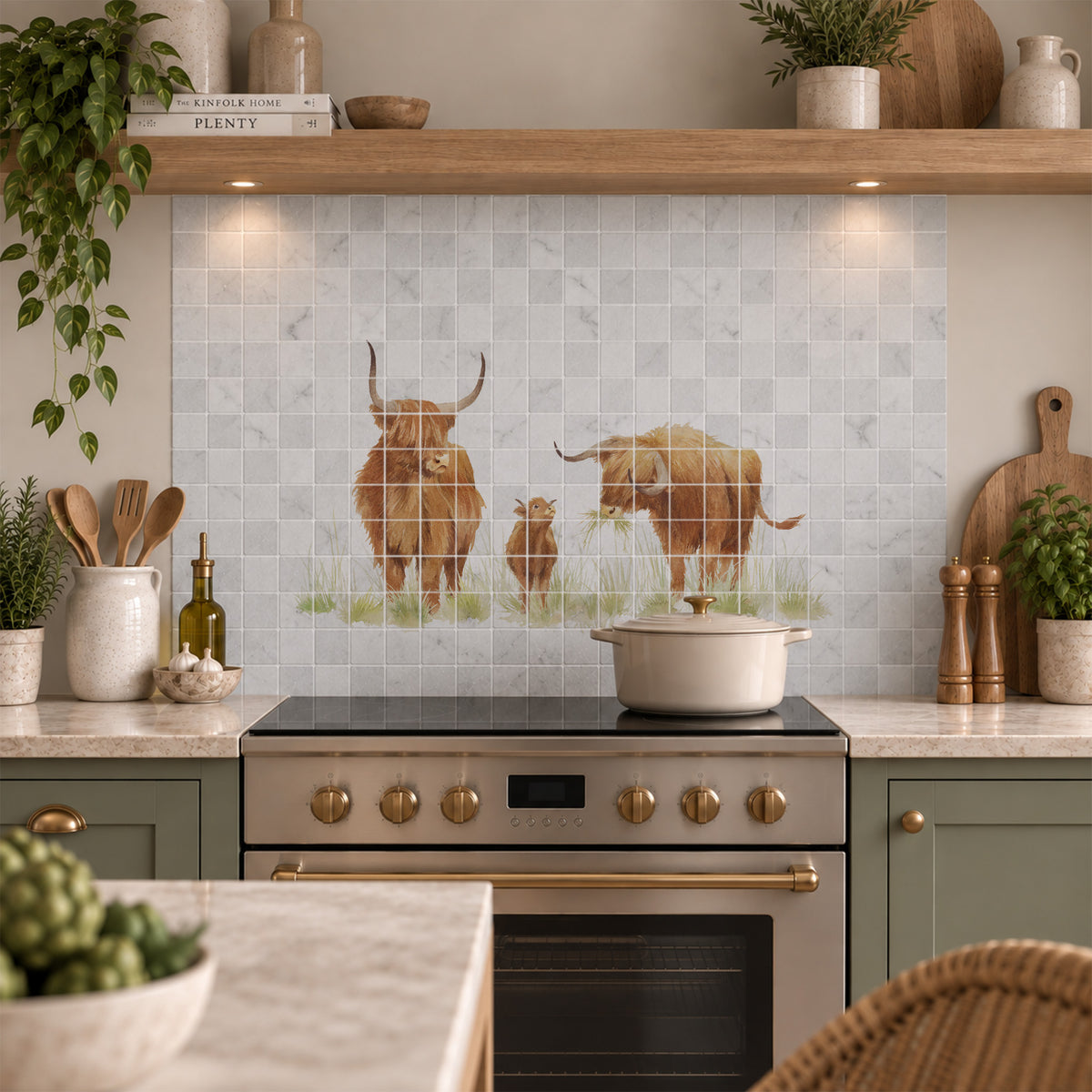 Premium marble Highland Cow mural featuring a tranquil countryside scene inspired by great British countryside.